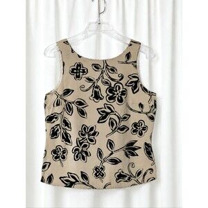 Sandra King Taupe Black Botanical Floral Silk Linen Sleeveless Vintage Blouse